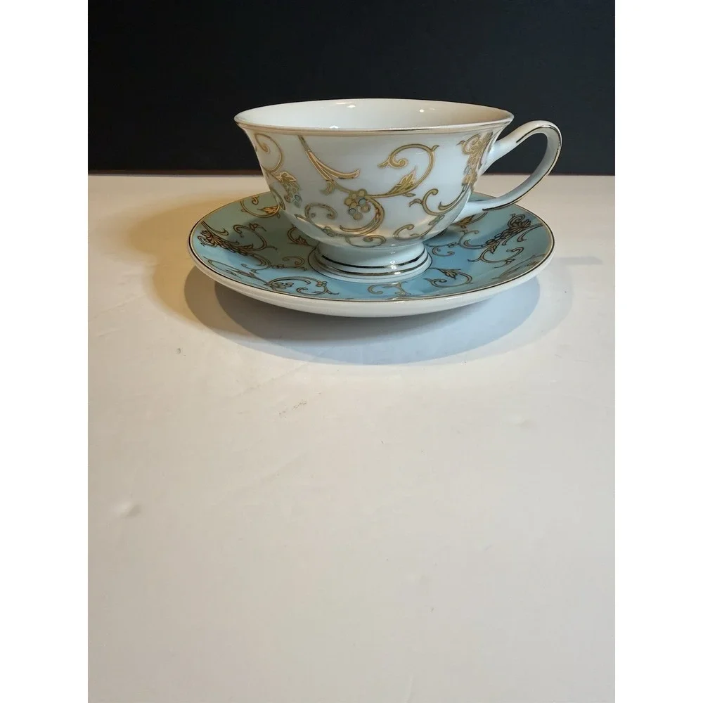 Grace Teaware Turquoise & Gold Scroll Teacup and Saucer